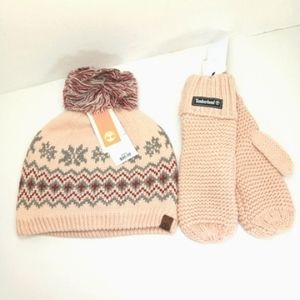TIMBERLAND Fair Isle Knit Peach Pink & Brown Pompom Beanie & Mittens Lin…